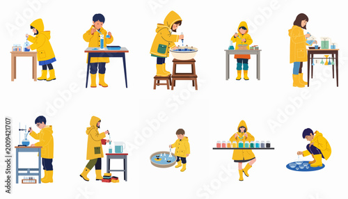 Konstfotografi Set of children in yellow raincoats conducting science experiments with colorful liquids, beakers, and pipettes for early childhood STEM education