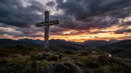 Ancient wooden cross under a moody sunset sky, spiritual landscape with dramatic clouds and warm glowing horizon, peaceful religious symbolism, realistic outdoor photography, no logos