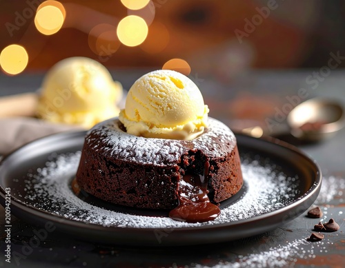 Decadent chocolate lava cake with vanilla ice cream and powdered sugar. Decadent chocolate lava cake with vanilla ice cream and powdered sugar