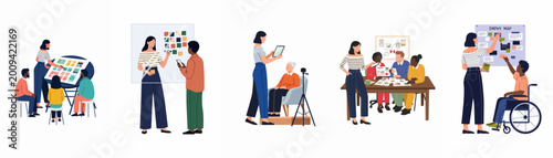 Diverse team of creative professionals collaborating on UI UX design, user research, empathy mapping, and wireframing in a series of collaborative office scenes.