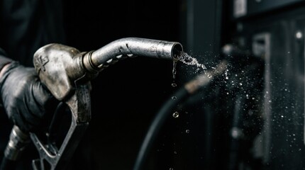 Gasoline droplets spraying from a fuel nozzle on a dark background with minimal fuel flow, dramatic energy shortage concept for automotive, crisis and industry campaigns, dynamic motion, suspended