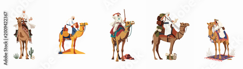 Fotografija A collection of vector illustrations showing Arab men in traditional clothing riding and traveling with camels across desert landscapes