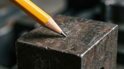 Sharp yellow pencil tip touching textured metal surface, precision and creativity concept, close-up industrial contrast, minimal composition, crisp lighting, realistic macro detail, no logos
