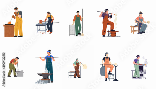 Photos Set of flat vector illustrations depicting professional glassblowers working with molten glass and specialized tools in a studio or factory environment