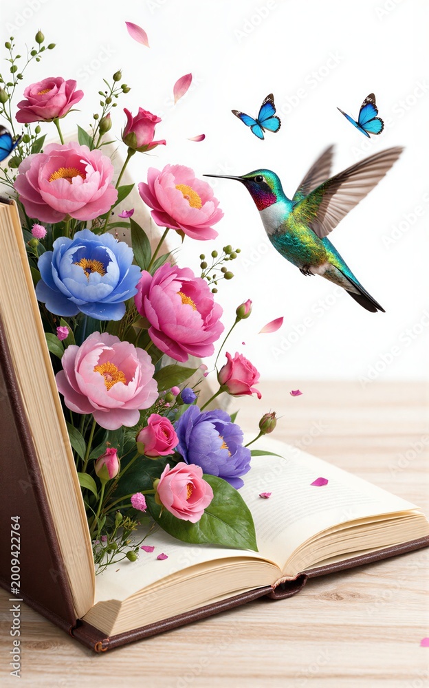 Fototapeta premium Open book blooms with vibrant flowers hummingbird and butterflies