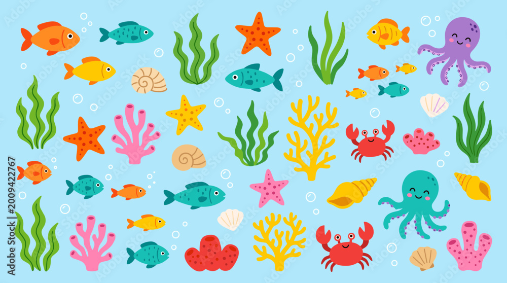 Fototapeta premium Cute underwater scene with colorful marine life starfish octopus crab coral and fish on a light blue background perfect for children