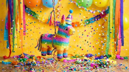 Colorful piñata with party hat on yellow background, confetti and streamers, festive birthday concept, playful celebration scene, no logos