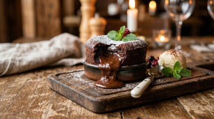 Chocolate lava cake on wooden board, indulgent dessert, rich fondant center, gourmet sweet treat, warm lighting, realistic detail, no logos