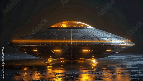 Gleaming disc-shaped craft with glowing orange windows and dome