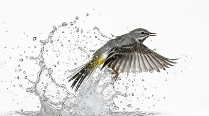 Energetic grey bird bursting from water splash on white background, dynamic wildlife action, flying motion with droplets, crisp feathers and liquid detail, high speed studio look, no logos