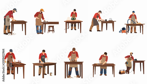Fotografie Collection of flat vector illustrations depicting a professional carpenter performing various woodworking tasks and finishing a wooden table in a workshop