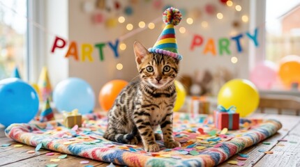 Adorable Bengal kitten in colorful party hat, joyful pet celebration concept, detailed fur and bright festive styling, realistic light, no logos