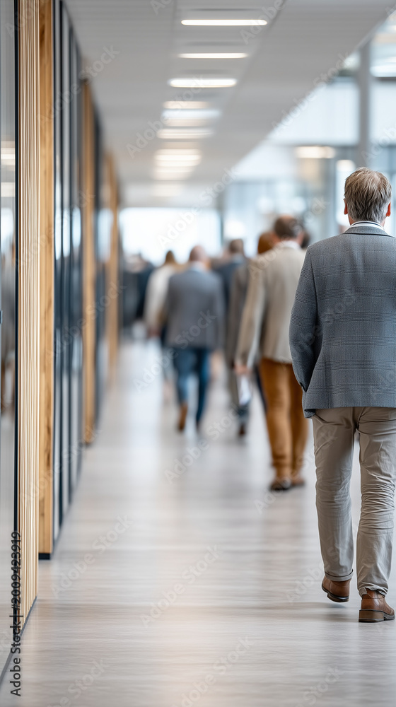 Fototapeta premium Corridor of Commuters: A candid shot of a business environment, capturing the dynamic flow of daily commuting, as professionals and employees journey along a modern office corridor.