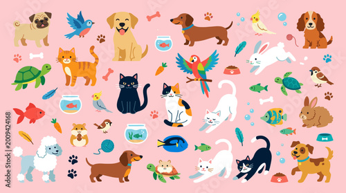 Vibrant collection of various domestic pets and animals, cartoon style, on a pink background, perfect for children's themes and pet care content