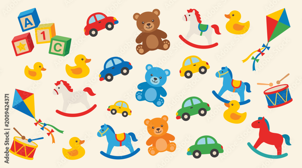 Fototapeta premium Collection of colorful children's toys including teddy bears, rocking horses, cars, rubber ducks, kites, and building blocks on a light background, representing childhood fun and play.