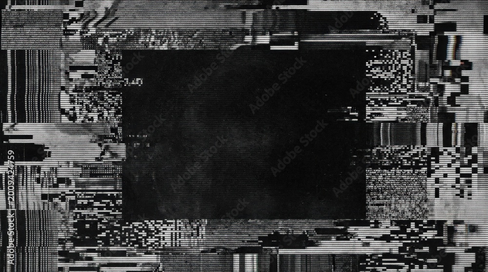 Obraz premium Black and white glitch distortion texture with scanlines, pixel noise and signal corruption, gritty retro tech background for music posters, cyber branding, video overlays and experimental design,