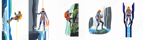 Photos Flat vector illustrations set of canyoneering and canyoning activities, featuring people rappelling, climbing, and exploring waterfalls and narrow canyons with ropes and gear