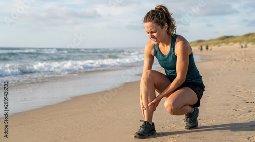 Athlete woman runner with sports injury while running at the beach, muscle cramp pain, ankle and Achilles tendon problem, fitness health awareness concept with realistic discomfort in coastal workout