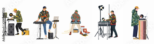 Foto Flat vector illustration set of DJs in camouflage streetwear performing with turntables, mixers, and vinyl records on a white background