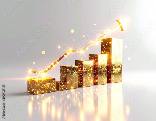Gleaming golden bars ascend on a graph, with an arrow showing upward success