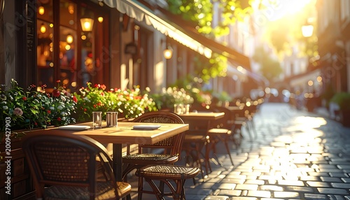 Charming European Street Cafe with Sunlit Cobblestone Path.