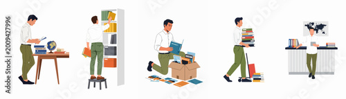 Bilde på lerret Set of flat vector illustrations of a man organizing books, packing boxes, and studying in a library or office environment