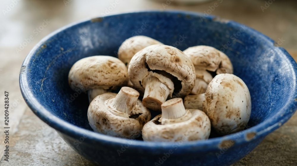 Obraz premium Close-up of aging champignon mushrooms rotating in blue bowl with worn texture for food spoilage grocery and kitchen concept, clean commercial stock image, premium commercial stock visual, modern