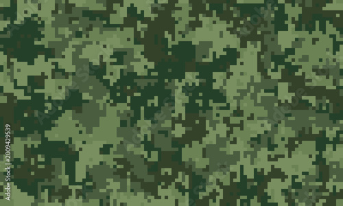 Abstract digital camouflage pattern.  Versatile pixelated texture in earthy greens and browns, ideal for backgrounds, website design, or militarythemed projects.