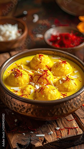 Golden dumplings in creamy saffron milk, garnished with threads