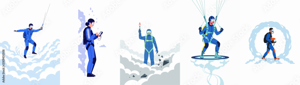 Obraz premium Collection of Five Skydiver Illustrations Featuring Extreme Sports Athletes in Blue Jumpsuits Performing Various Aerial Feats Above the Clouds.