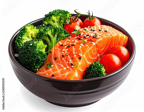 Fresh salmon fillet, broccoli florets, and cherry tomatoes in a dark bowl