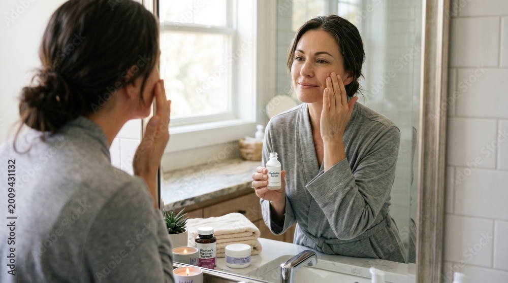 Fototapeta premium Young woman applying skincare product while looking in bathroom mirror 