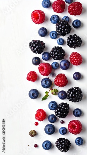 Colorful assortment of fresh raspberries, blueberries, and blackberries scattered