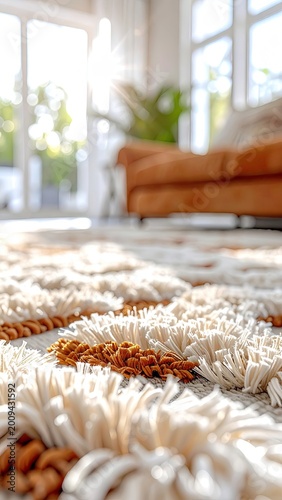 Cozy living room with sunlit textured rug and plush sofa