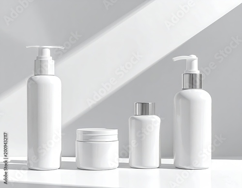Four white cosmetic bottles and jars with dispensers on a white surface