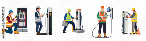 Foto Set of professional technicians and engineers installing, maintaining, and repairing electric vehicle charging stations in various scenarios