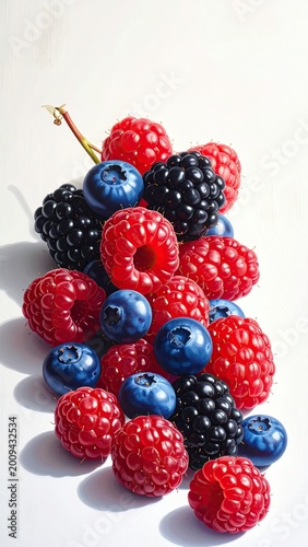 Fresh assortment of vibrant red raspberries, dark blackberries, and plump blue blueberries