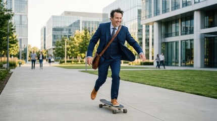 Funny businessman riding skateboard outdoors, playful corporate humor and freedom concept for creativity, leadership and work life balance campaigns, dynamic motion, bright mood, soft natural light,