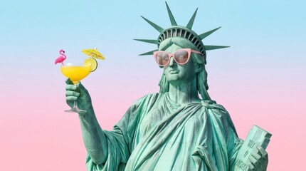 Statue of Liberty wearing pink sunglasses and holding a yellow cocktail on a pink and blue pastel background, playful travel icon remix with summer party appeal and bold pop styling, clean studio