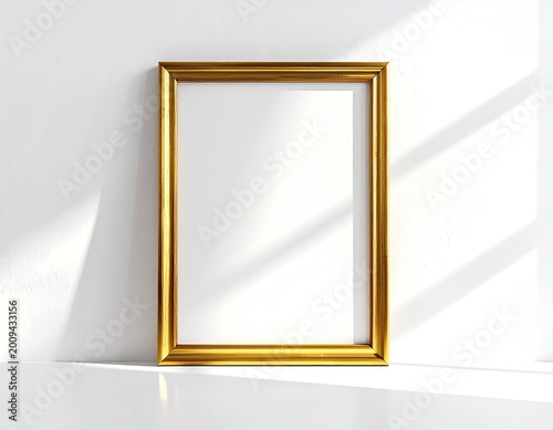 Empty ornate gold picture frame leans against a bright white wall with sunlit shadows