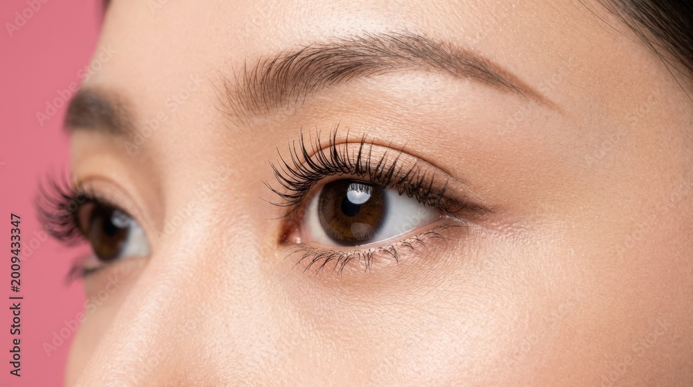 Obraz premium Beautiful Asian woman's eye with long eyelashes isolated on pink background, beauty close up for mascara, skincare and makeup campaigns, clean macro detail, flawless skin texture, elegant feminine