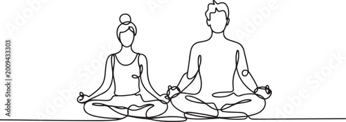 Yoga, woman, man practices yoga while sitting in the lotus position. one line icon drawing vector