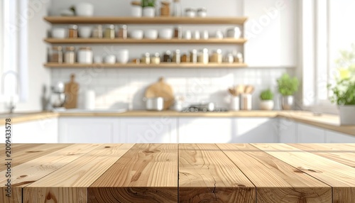 Empty wooden countertop in sunlit kitchen with shelves of jars