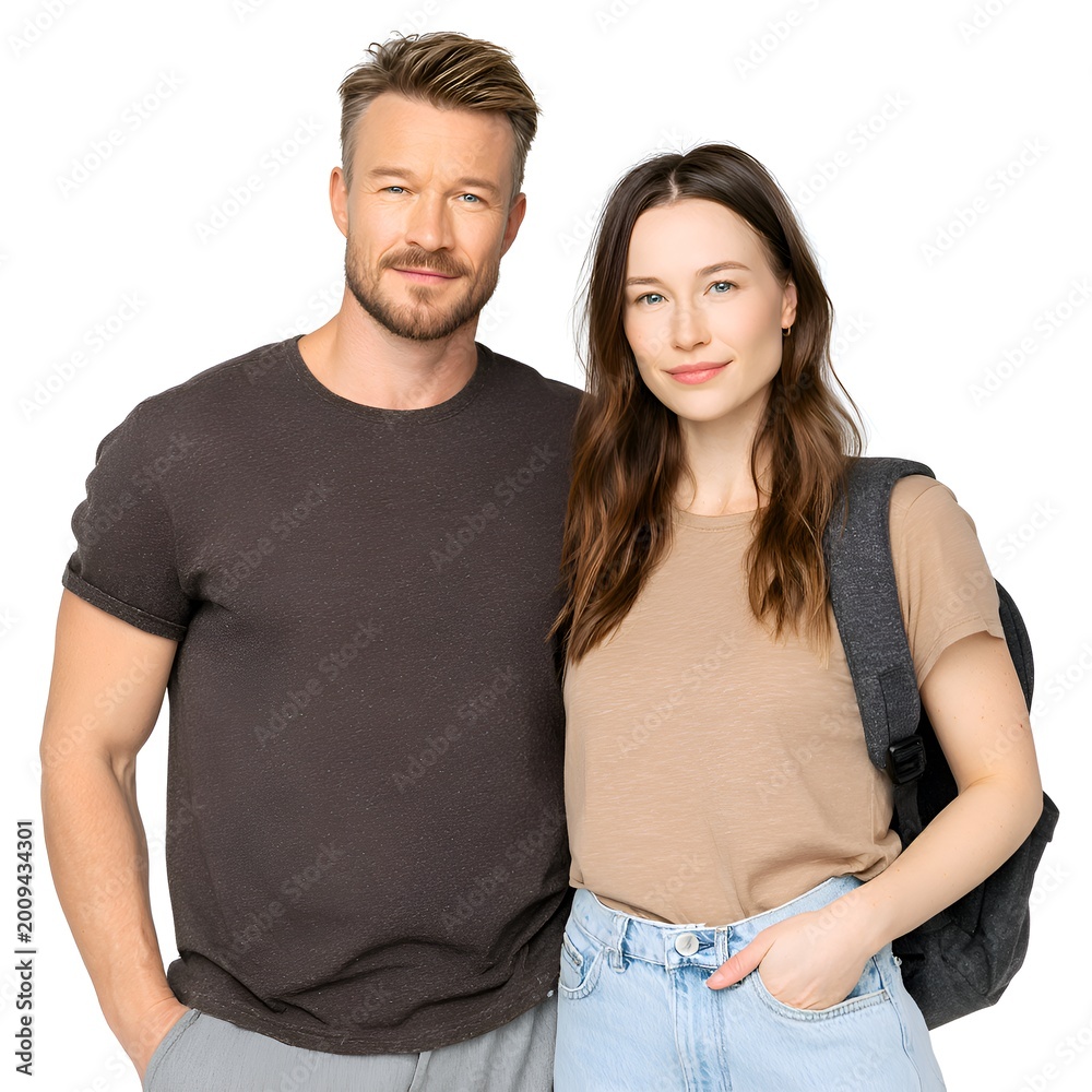 Fototapeta premium Smiling young couple poses for a portrait against a clean white background; the female carries a backpack and both wear casual attire.
