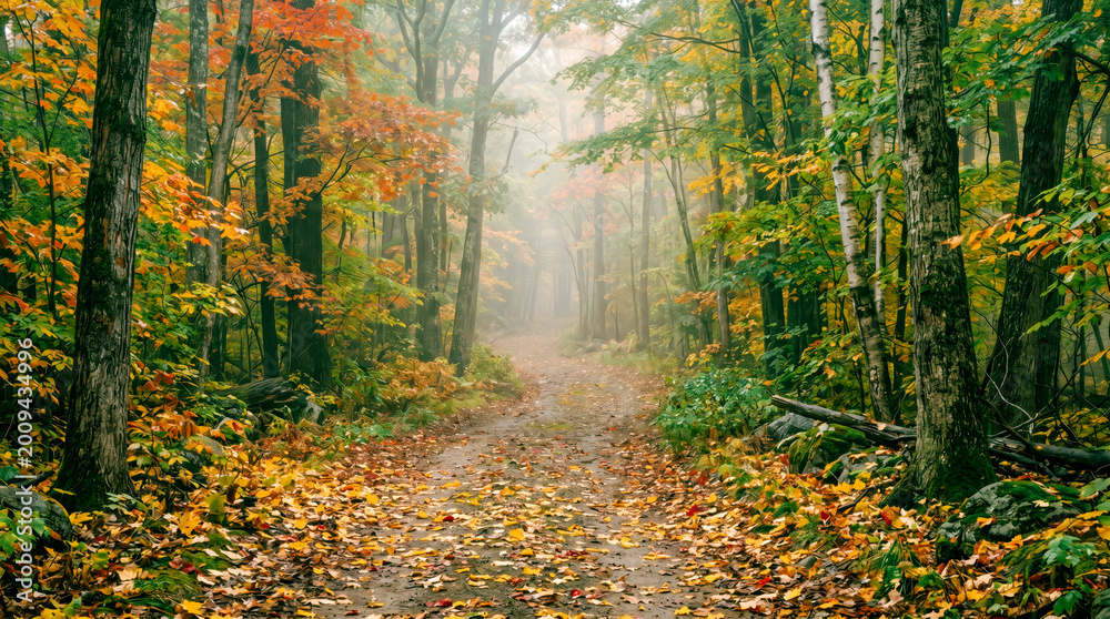 Fototapeta premium Nature All Year Round. September Forest Path Winding Through Vibrant Autumn Colors and Soft Morning Mist Inviting Peaceful Exploration and Quiet Reflection
