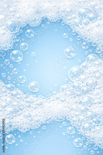 Close-up shot of soap bubbles forming on the water's surface, giving it a blue hue