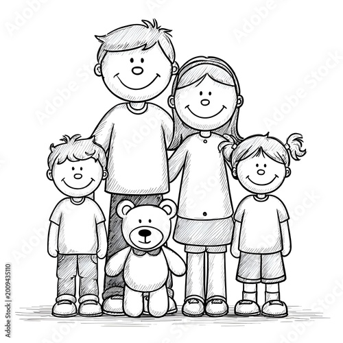 A happy family of five including mom dad two kids and a stuffed teddy bear smiling together in a black and white drawing illustration.