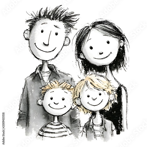 Happy family illustration with parents and two children smiling sweetly rendered in grayscale with a hand drawn ink and watercolor effect look.