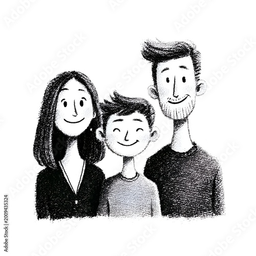 A whical charcoal style illustration of a happy family of three posing closely together with smiles on a clean white background portrait.