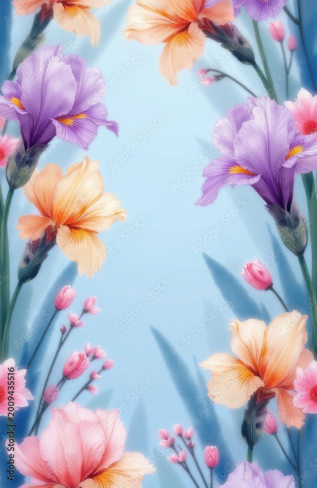 Naklejka premium Soft focus artistic floral pattern features irises and daisies in pastel pink peach and lavender hues against a pale blue backdrop. Gentle bloom arrangement evokes spring garden beauty.